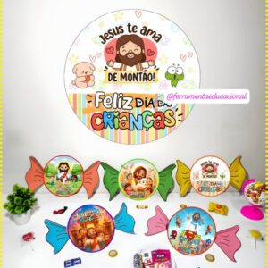 KIT PAINEL + 5 BOMBONS GIGANTES NO PRATO DESCARTÁVEL – TEMA JESUS