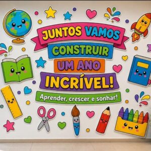 PAINEL COLORIDO VOLTA ÀS AULAS — JUNTOS VAMOS CONSTRUIR UM ANO INCRÍVEL!
