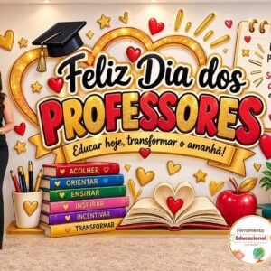 PAINEL DIA DOS PROFESSORES VERMELHO COM DOURADO 