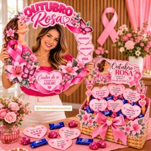 Decoração de Cestinha + Bambolê Outubro Rosa